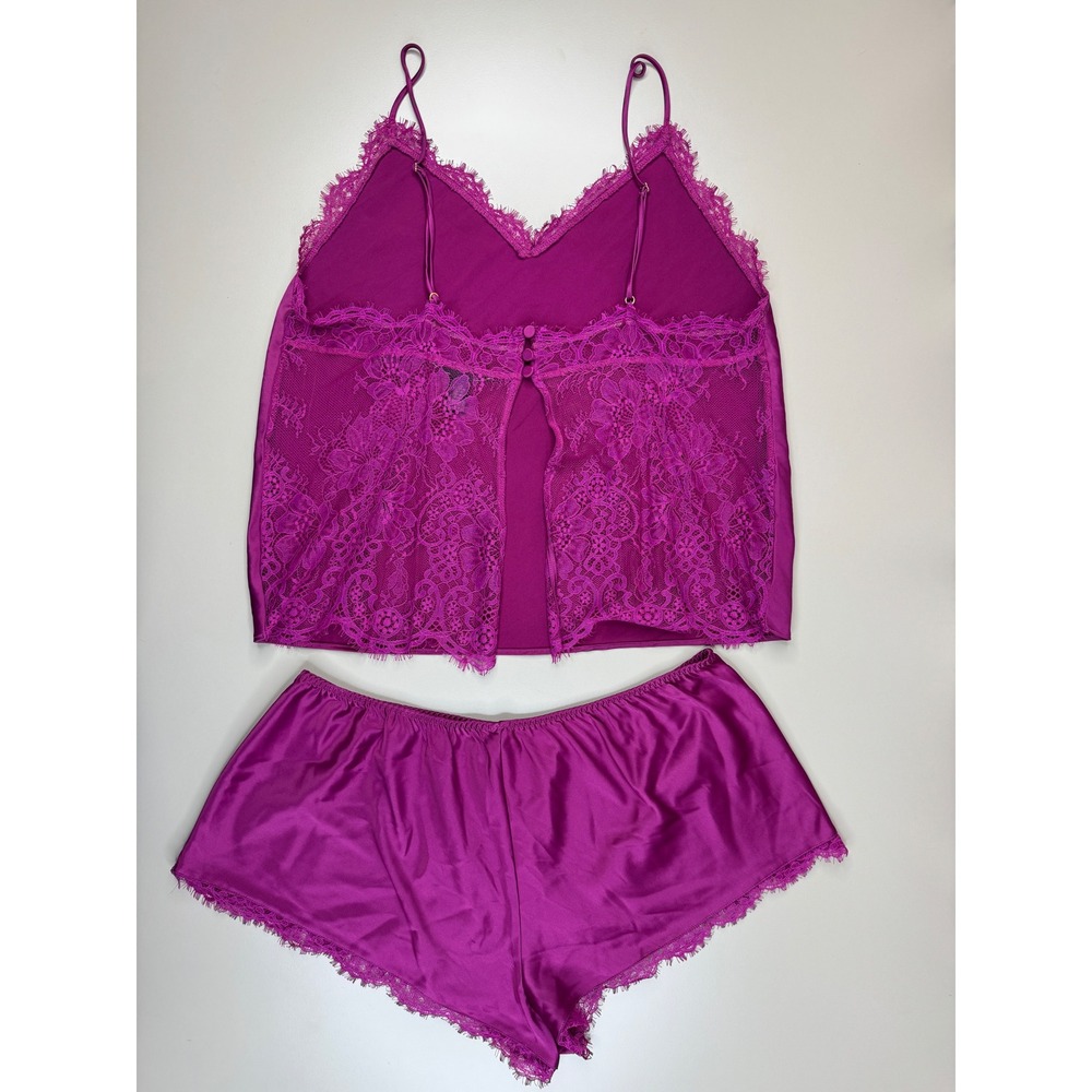 Victoria's Secret Satin Lace Pajama Set Women L Magenta Cami Shorts Boudoir Glam - Picture 8 of 14